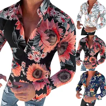 Rudenį Spausdinti ilgomis Rankovėmis Mygtuką Plonas Stilingas Marškinėliai Vyrams Rudenį ilgomis Rankovėmis 3D Gėlių Spausdinti Mygtukų Žemyn Medvilnės Marškinėliai Slim