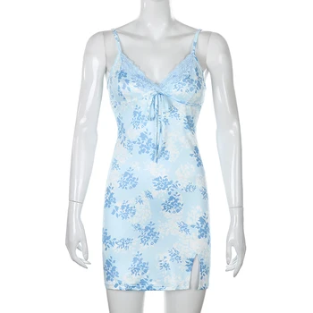 Vasaros Moterų Suknelė Seksualus V-Kaklo Siūlės Spausdinimo Mėlyna gėlių Savęs Auginimo 2021 Naujas Mados Šalies Moterų Suspender Suknelė