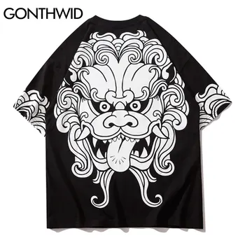 GONTHWID Tshirts Atsitiktinis Juokinga Kinijos Liūtas Spausdinti Trumpas Rankovės Tees Marškinėliai Streetwear Mens Hip-Hop Harajuku Atsitiktinis vatos Pagaliukai