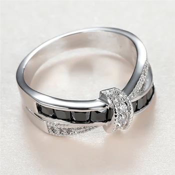 Senovinių Moterų Black Crystal Akmens Žiedas, Žavesio Sidabro Spalvos Vestuvių Žiedai Moterims Mielas Nuotaka Bowknot Cirkonis Vestuvinis Žiedas