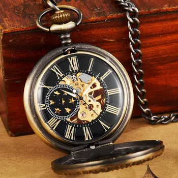 Prabanga Steampunk Aukso ir Bronzos Mechaninė Kišeninio Laikrodžio Su PAKABUKU, Grandinės Vertus Vėjo Skeletas Tuščiaviduriai Laikrodis Vyrams, Moterims, Dovanų Dėžutėje