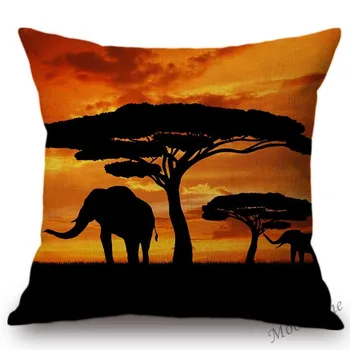 Saulėlydžio Afrikos Kraštovaizdžio Laukinių Gyvūnų Dramblys Ir Žirafa Vaizdingas Namų Meno Dekoratyvinis Mesti Pagalvės Užvalkalą Medvilnės Skalbiniai Pagalvėlių Apvalkalus