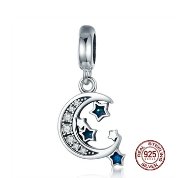 MOWIMO 925 Sterling Silver Moon & Star Pakabukai Mėlyna Cirkonis Granulių Tinka Originalus Sidabro Apyrankės Karoliai Pakabukas 