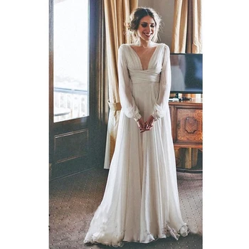 Elegantiškas Vestuvių Suknelės 2020 Šifono Prijungti V-Kaklo Imperijos vestido de novia Vyskupas Rankovėmis chalatas, mariage Paplūdimio Vestuvių Suknelės