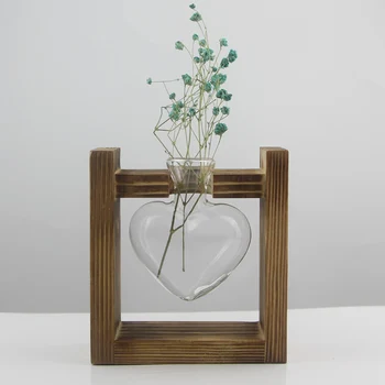 Vintage Stiliaus Meilės Širdies Formos Skaidraus Stiklo Stalo Bonsai Augalų, Gėlių Vaza Vestuves Dekoratyvinis Terariumai Su Medinis Padėklas