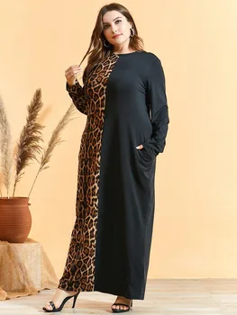 Laisvas Negabaritinių Plius Dydis Suknelė Moterims Ilgomis Rankovėmis, Leopardas Spausdinimui Kratinys Maxi Ilgio Suknelės, Turkų, Arabų Musulmonų Suknelė