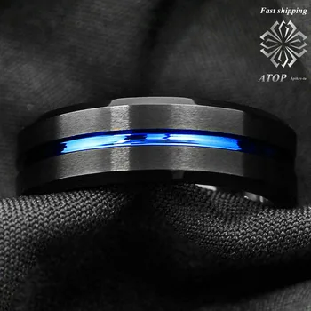 8mm vyriški Vestuvių žiedas Volframo Karbido Žiedas Juodo Šlifuoto Mėlyna Juostele Nemokamas Pristatymas