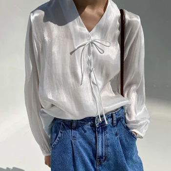 Nomikuma 2021 m. Pavasario Moterims Palaidinės korėjos peteliškę Sweet Shirt Priežastinis Long Sleeve V-kaklo Megztinis Viršūnes Femme Blusas 6E359