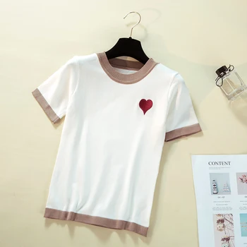 Siuvinėjimo Širdies trumparankoviai Marškinėliai moterims iki 2018 m. vasaros korėjos stiliaus megzti nukentėjo spalvos Marškinėliai O-Kaklo balta Plona Viršūnes 280