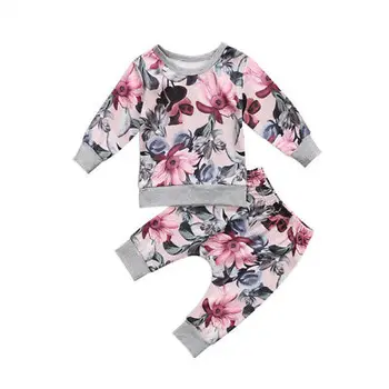 Kūdikių Drabužiai 2vnt Naujagimiui Mergaičių Drabužiai, Paltai, T-marškinėliai, Topai+Gėlių Kelnes Komplektai Rinkinys