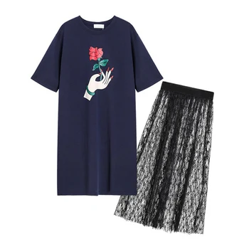 2018 m. Naujas 2 dalių komplektas atspausdintas trumpas rankovės marškinėliai+akių sijonai moterims atsitiktinis viršuje ir sijonas rinkinys