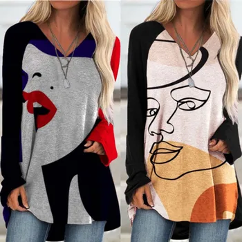 Moterų Mados Long Sleeve V-kaklo, Veido, Abstrakčiai Print T-shirt Prarasti Top Rudens-žiemos mados atsitiktinis asmenybės ponios T-shirt