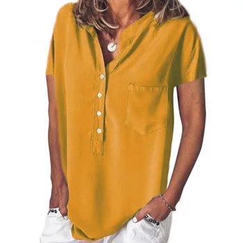 Moterų palaidinė prarasti didelio dydžio atsitiktinis mados vientisos spalvos V-kaklo, trumparankoviai marškinėliai, marškiniai, palaidinės