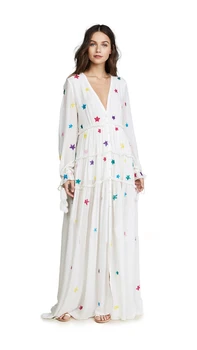 UK 2019 m. Vasarą Moterys Star Siuvinėjimo Prarasti Bohemijos V kaklo suknelė Hipių Boho Žmonių Atostogų ilga suknelė Skraiste longue