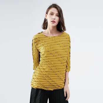 Miyake Plisuotos t marškinėliai moterims 2020 rhombus dizaino laisvi, paltai moterims derliaus įstrižainės grandinės spausdinimo dažai estetinės drabužiai