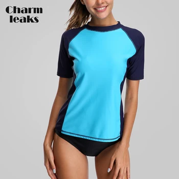 Charmleaks Moterų trumpomis Rankovėmis Bėrimas Apsaugas Rashguard Marškiniai, maudymosi Kostiumėliai, Surf Top UPF 50+ Bėgimo Marškinėliai Dviračiais Marškinėliai, maudymosi kostiumėlį