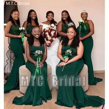 Tamsiai Žalia Plius Dydis Afrikos Bridesmaid Dresses Spagečiai Dirželiai Undinė Appliques Elastingos Satino Didmeninė Tarnaitė Garbės Suknelė