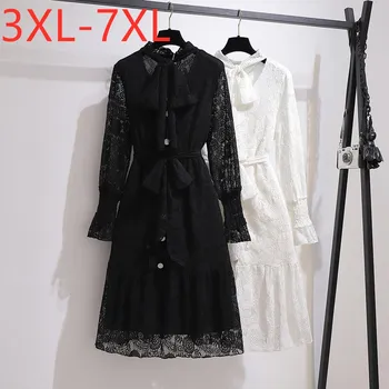 Naujas ponios rudens žiemos plius dydis nėrinių suknelė moterims didelis, ilgomis rankovėmis laisvas mygtukas juodas diržas mini suknelė 3XL 4XL 5XL 6XL 7XL