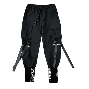 Hip-Hop Vyrų Juostelės Krovinių Kelnės Mados Harajuku 2021 Naujas Elastinga Juosmens Atsitiktinis Streetwear Mens Poilsiu Kelnės Juoda