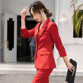 Aukštos kokybės temperamentas raudona moterų kostiumas nustatyti Elegantiškas single-breasted vienodą moterų 2019 nauja rudens ir žiemos kelnės kostiumas